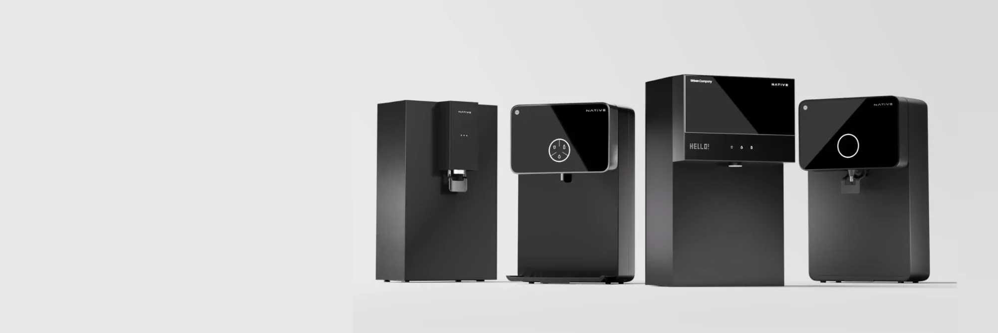 The four Native RO water purifiers side by side on a light grey background.