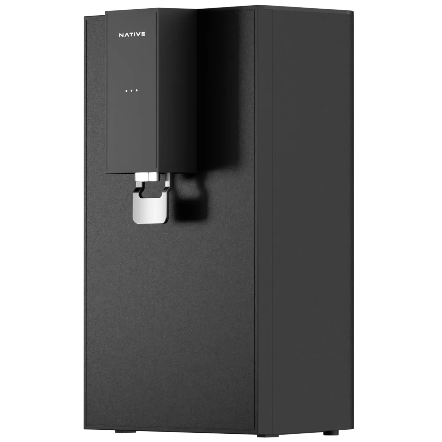 Native M0 RO water purifier in black, front three-quarter view.