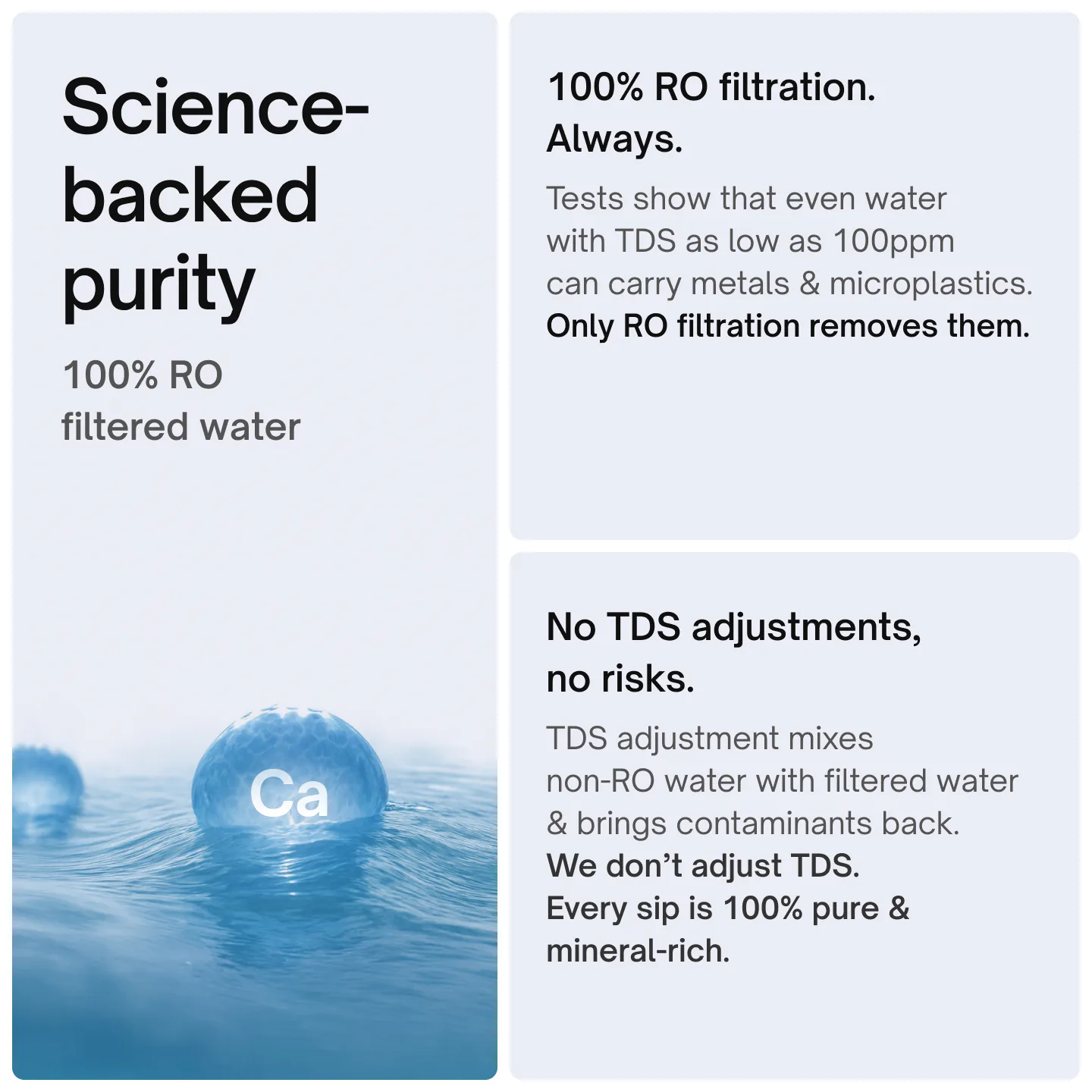 100% RO filtered water with no TDS adjustment: every sip is fully RO purified and mineral-rich.
