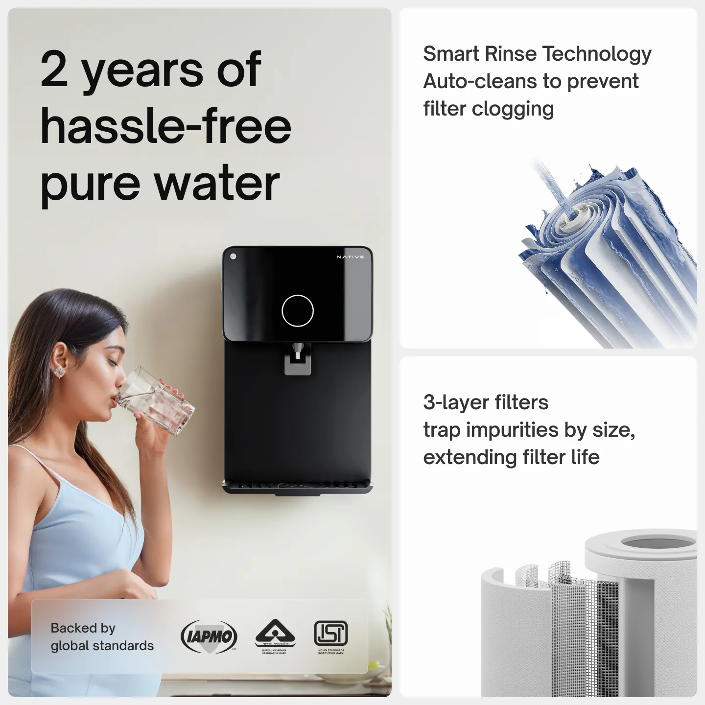 A woman drinks water beside a wall-mounted Native M1, with Smart Rinse technology and 3-layer filters that trap impurities by size.