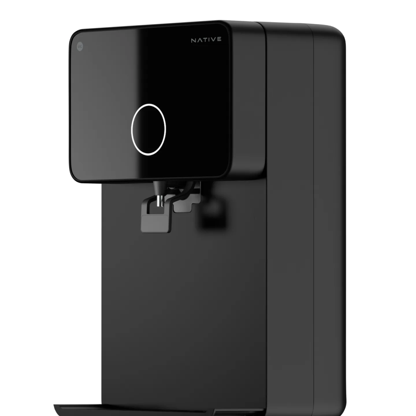 Native M1 RO water purifier in black, front three-quarter view.