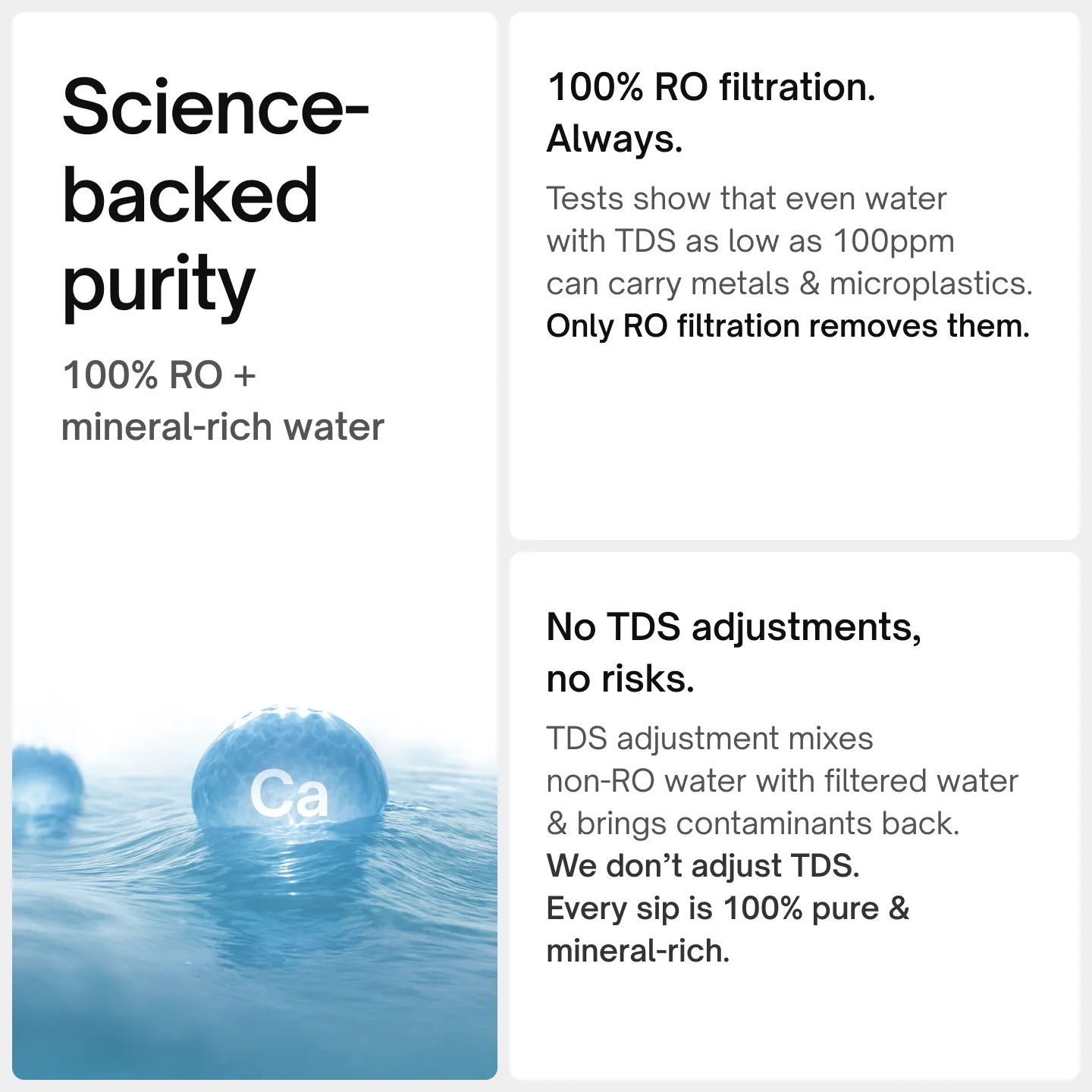 100% RO and mineral-rich water with no TDS adjustment: every sip is fully RO purified.