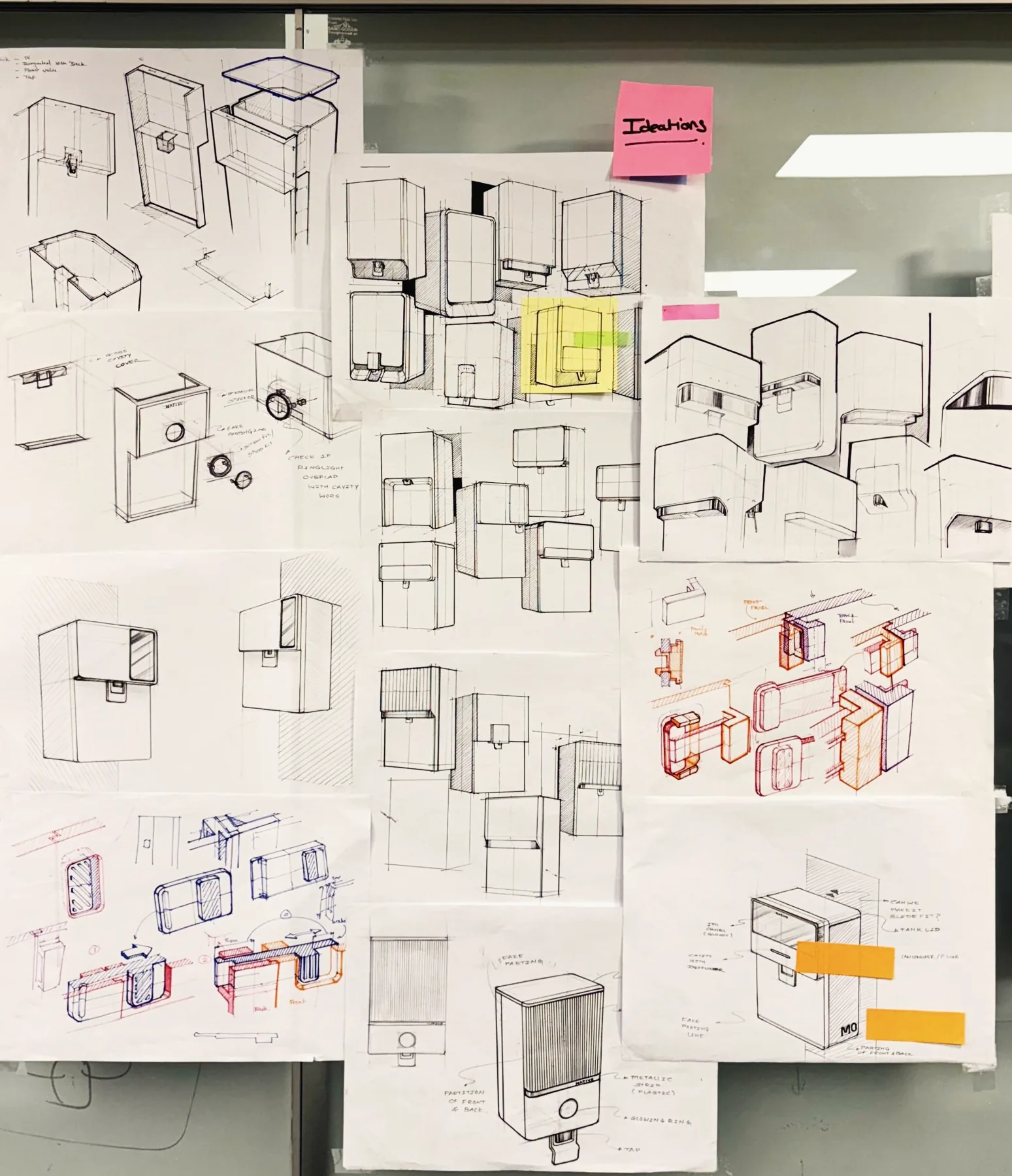 A wall of ideation sketches for Native purifiers