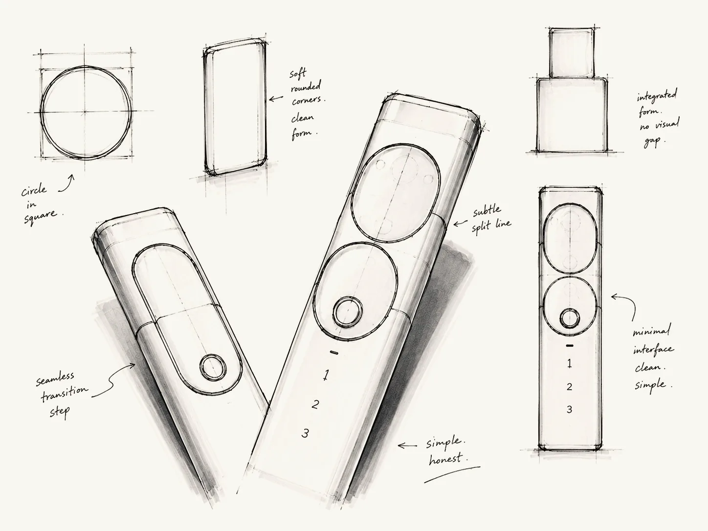 Sketches of a smart lock: soft corners, a subtle split line, a minimal interface