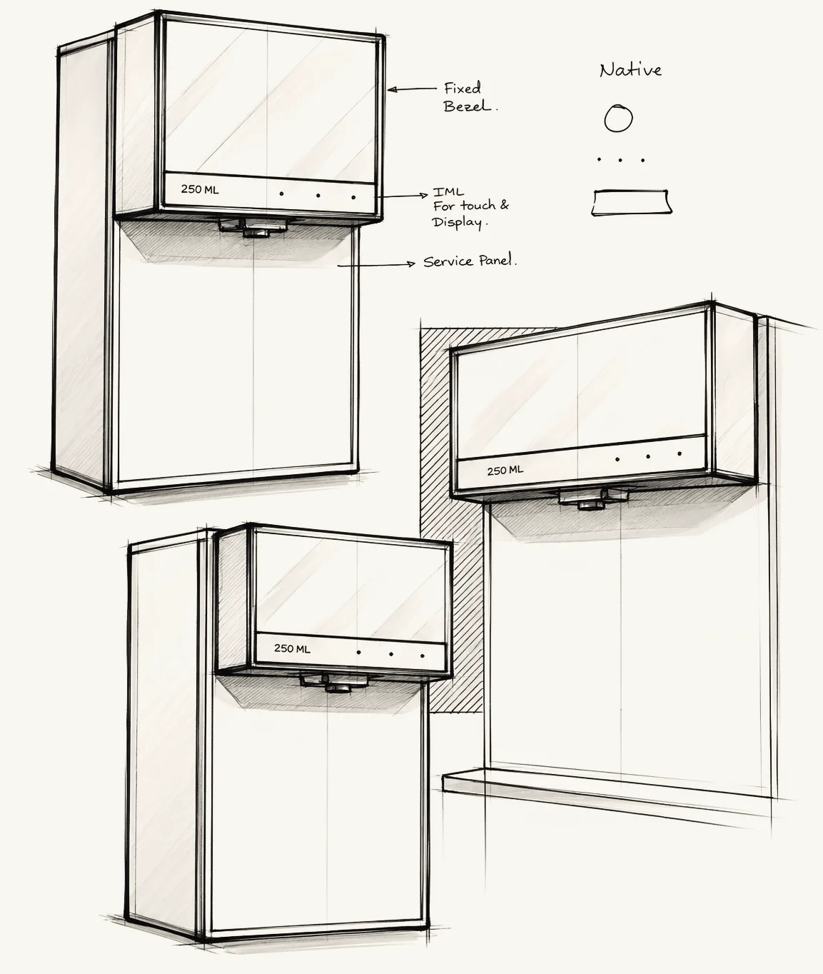Sketches of the M3: fixed bezel, touch and display strip, service panel