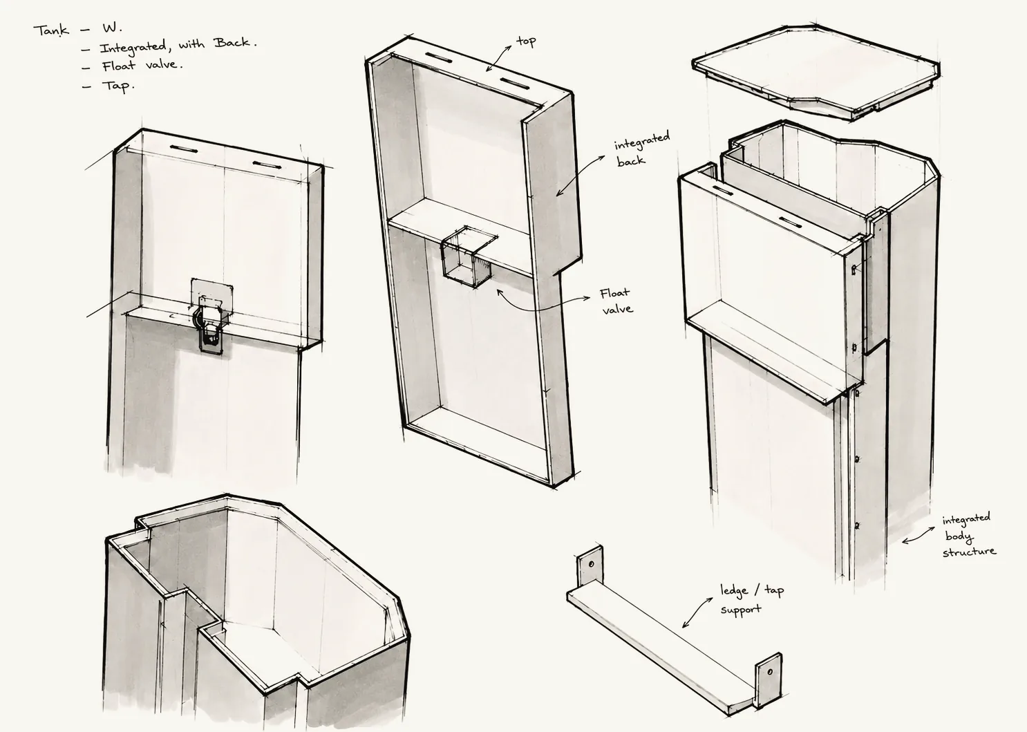 Sketches of the purifier tank: integrated back, float valve, tap support
