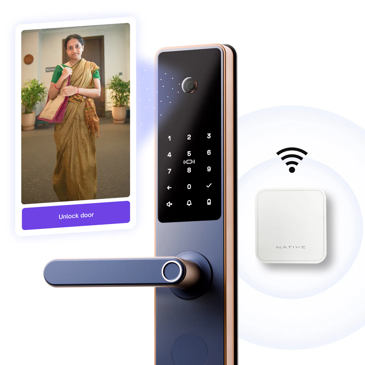Native Lock Pro in Cosmic blue with its fingerprint handle and keypad, beside its doorbell link and a phone showing a visitor at the door.