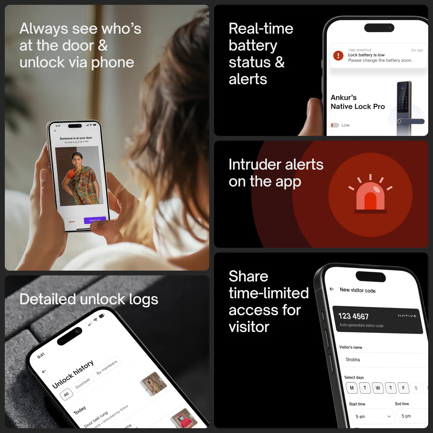 Native Lock Pro on the UC app: see who is at the door and unlock by phone, battery status and alerts, intruder alerts, detailed unlock logs, and time-limited access for visitors.