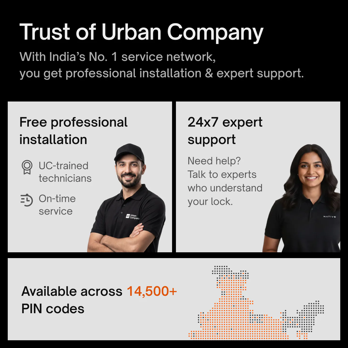 The trust of Urban Company: professional installation by UC-trained technicians, 24x7 expert support, and service across 14,500+ PIN codes.
