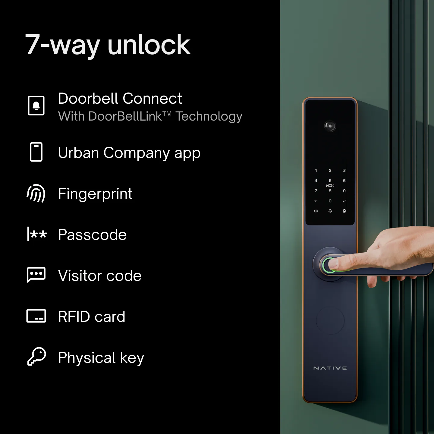 7-way unlock on Native Lock Pro: Doorbell Connect, the Urban Company app, fingerprint, passcode, visitor code, RFID card and physical key.