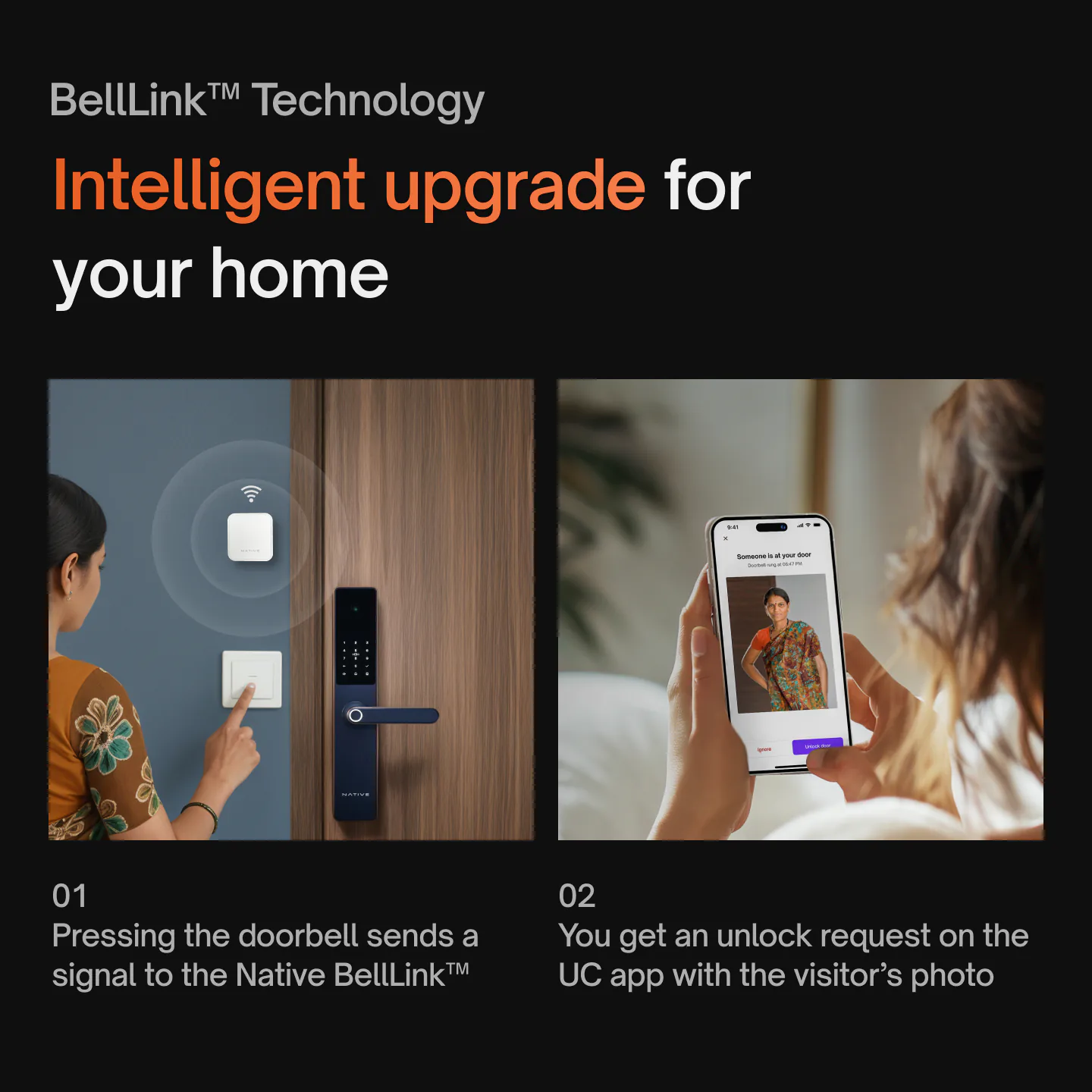 BellLink technology: pressing the doorbell signals Native Lock Pro, and you get an unlock request on the UC app with the visitor’s photo.