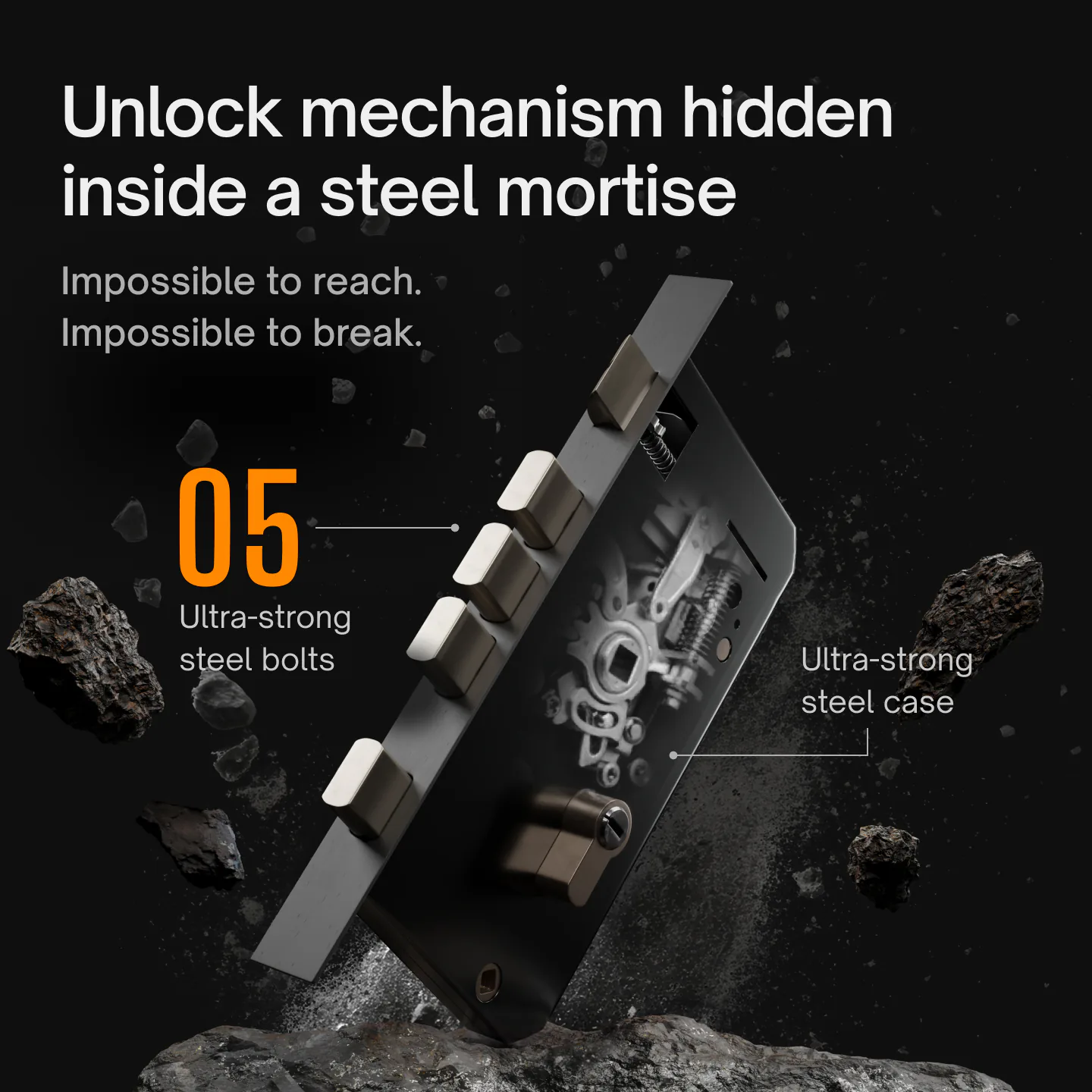 Native Lock Pro’s unlock mechanism, hidden inside a steel mortise with five ultra-strong steel bolts and a steel case.