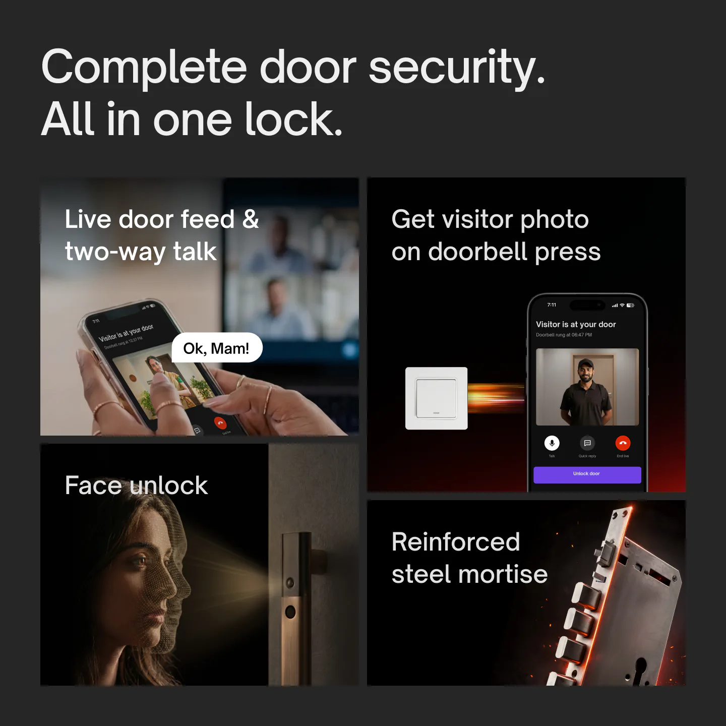 Native Lock Ultra features: live door feed and two-way talk, visitor photos, face unlock and a reinforced steel mortise.