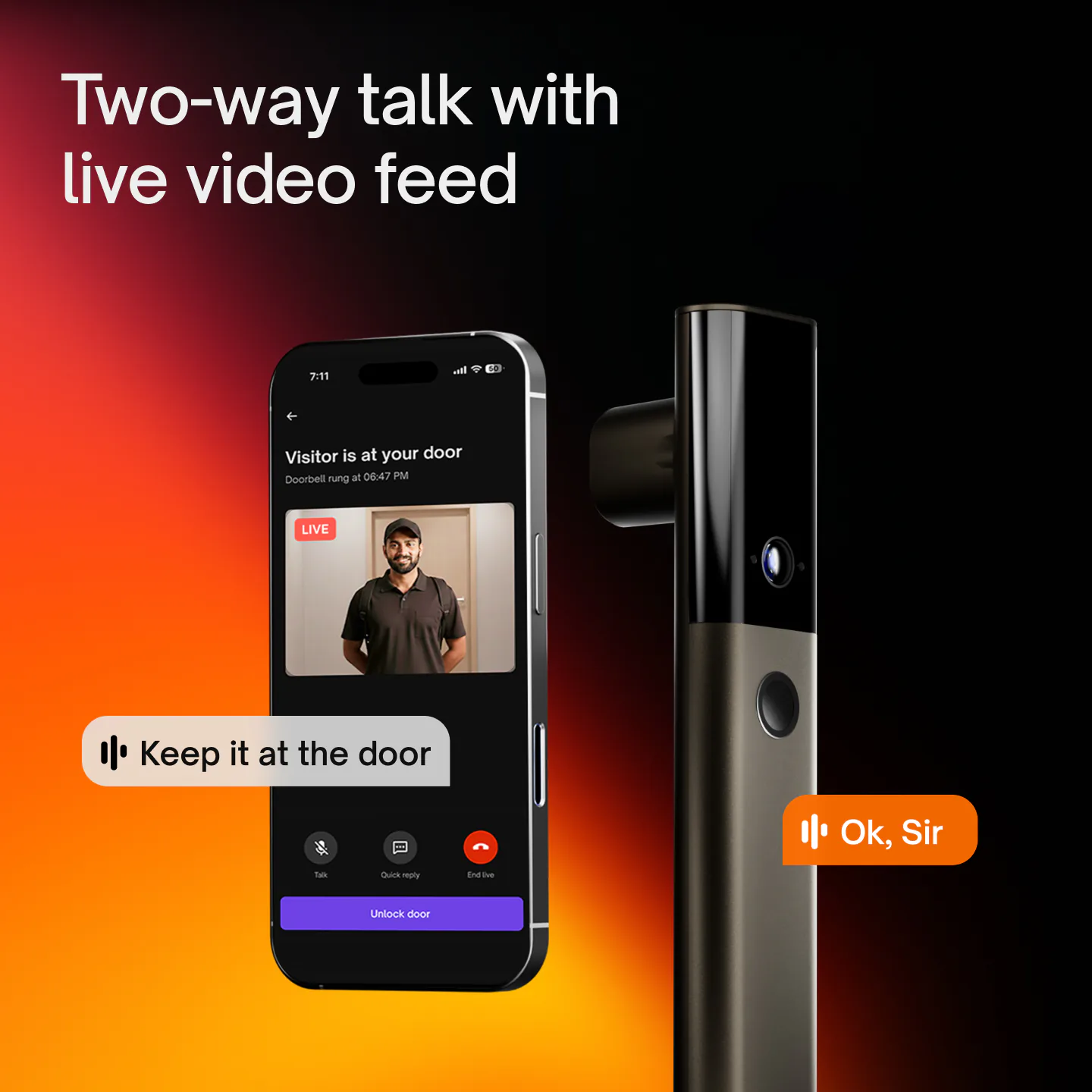 Two-way talk with a live video feed between the Native Lock Ultra and a phone.