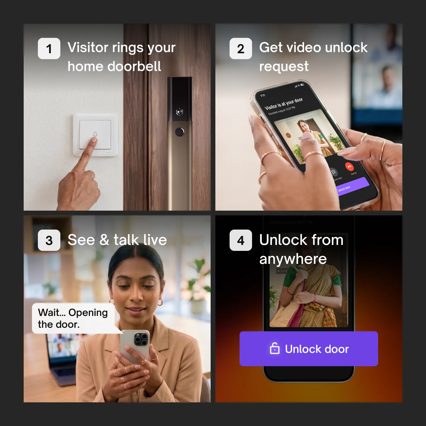 How visitor access works on Native Lock Ultra: a visitor rings your home doorbell, you get a video unlock request, see and talk live, and unlock from anywhere.