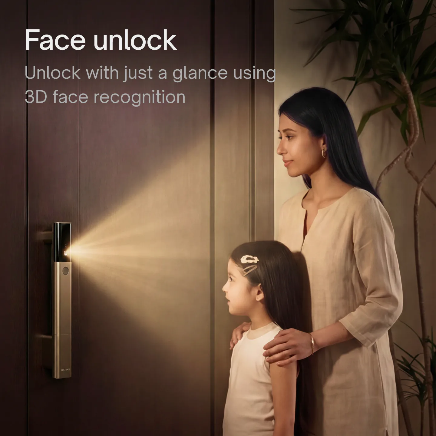 Face unlock on Native Lock Ultra: a woman and a child unlock the door with just a glance, using 3D face recognition.