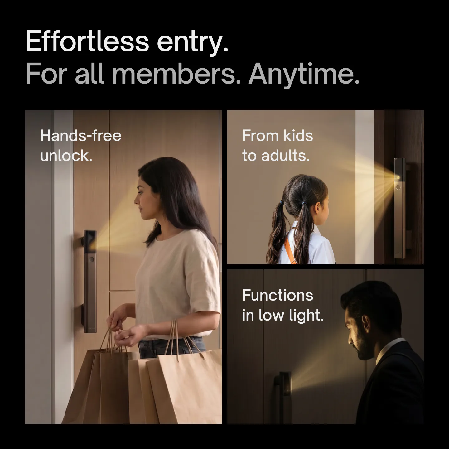 Effortless entry for every member of the family with Native Lock Ultra: hands-free unlock, from kids to adults, and it works in low light.