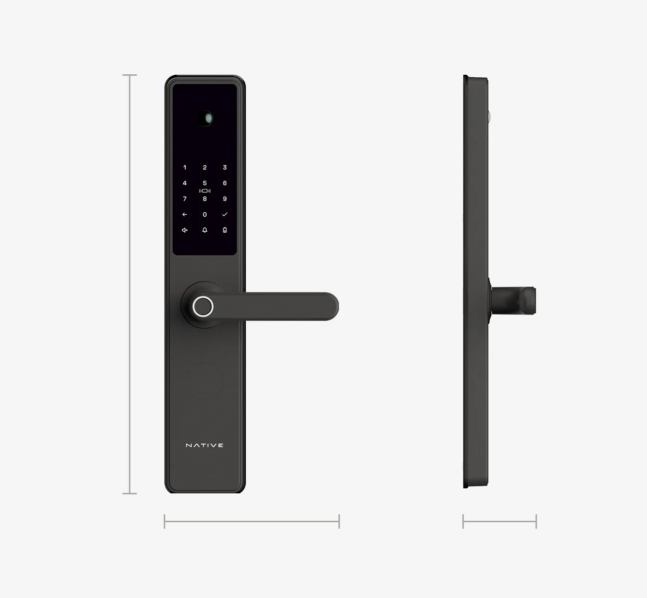 Native Lock Pro front and side view drawing: 392 mm tall, 165 mm wide with the handle, 69 mm deep.