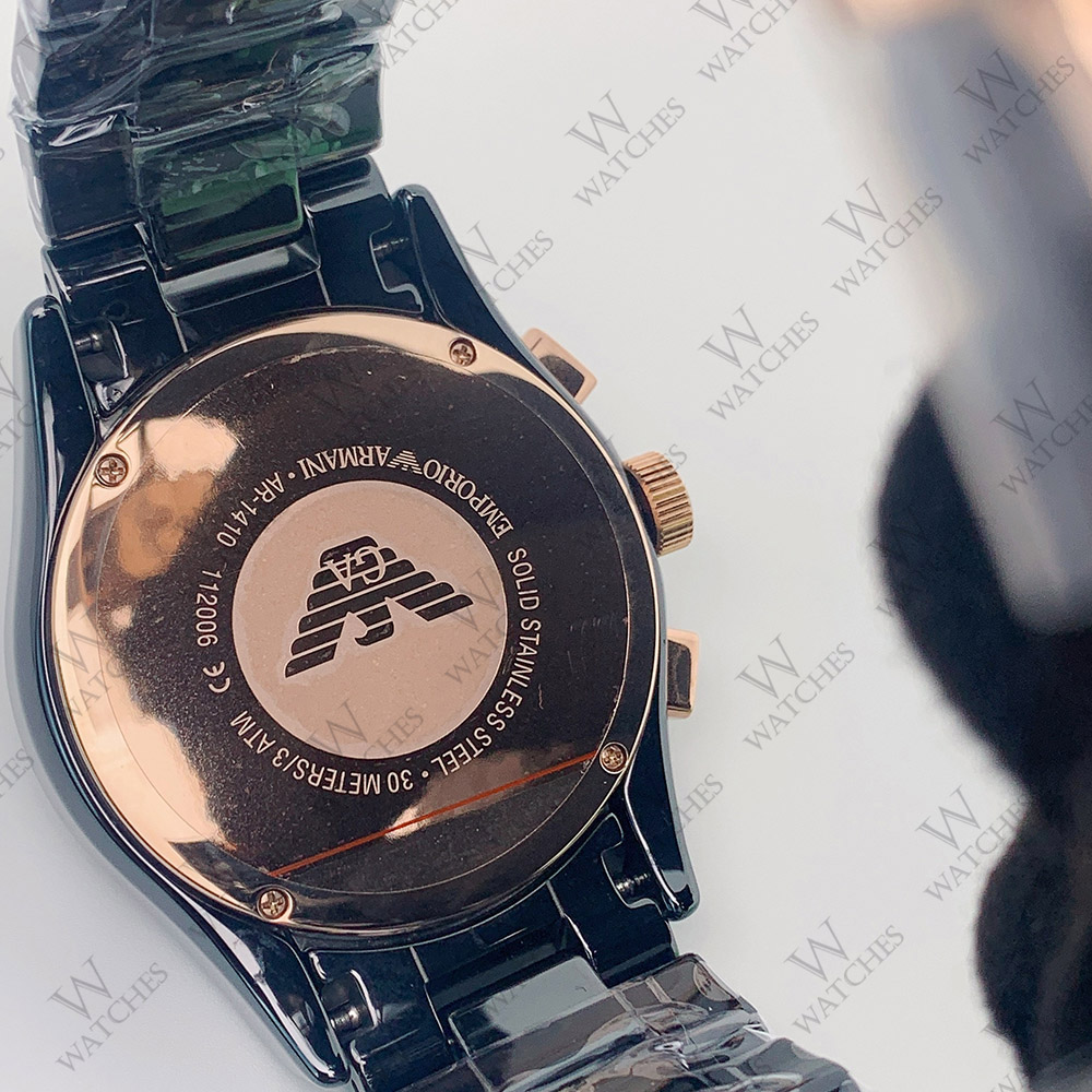 New In Box Emporio Armani AR1410 Men's Black Rose Gold Ceramic