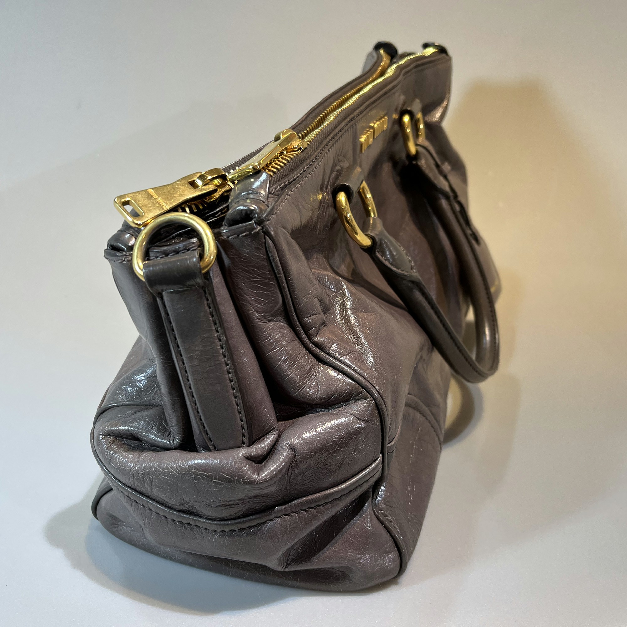 MIU MIU Double Zip Convertible Satchel Vitello Shine Grey MIU MIU Double Zip Convertible Satchel Vitello Shine Grey