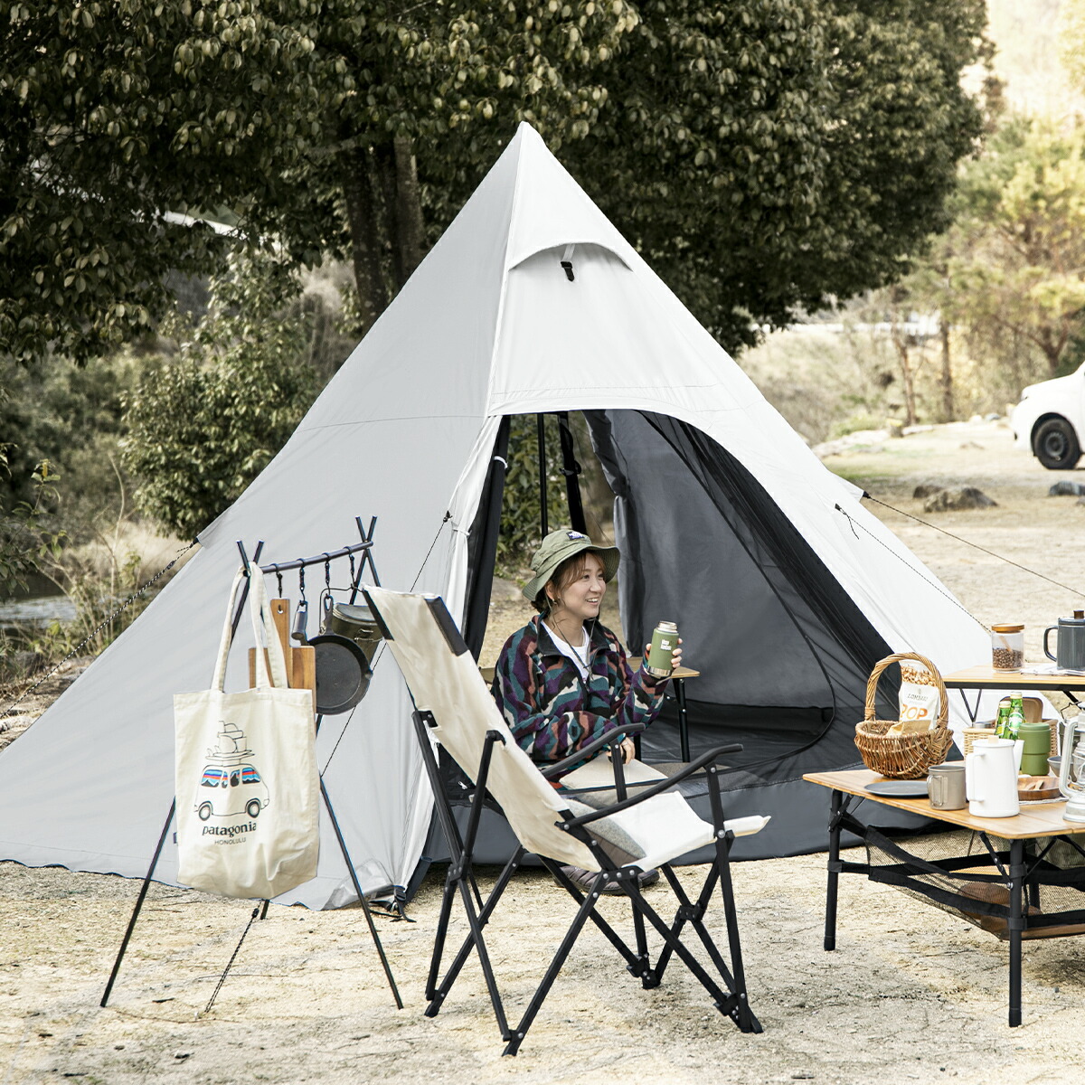 [1 year warranty] Tent Pole Tent One Pole Tent Lightweight UV Cut Mesh Inner Sheet 4 People 2000mm Polyester Steel Waterproof Water Repellent Antifungal Tipi Tent Large BBQ Outdoor Leisure Camp Modern Deco AND DECO Solo Camp