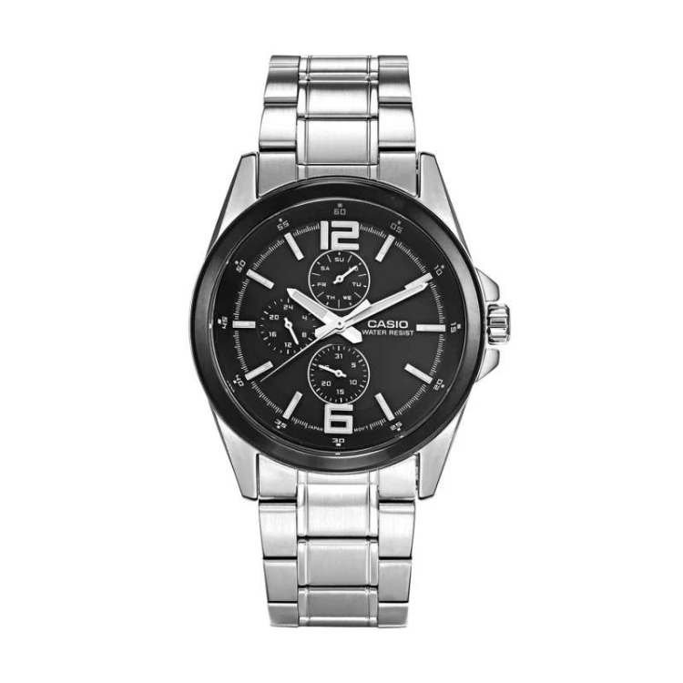 CASIO STAINLESS STEEL BAND WATCH WITH DAY AND DATE FOR MEN MTP-E306D-1A
