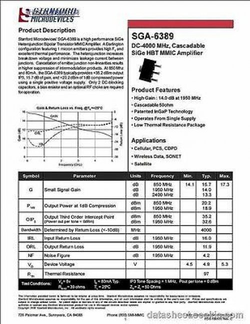 Sirenza SGA-6389 SOT-89 DC-4000 MHZ CASCADABLE SIGE HBT