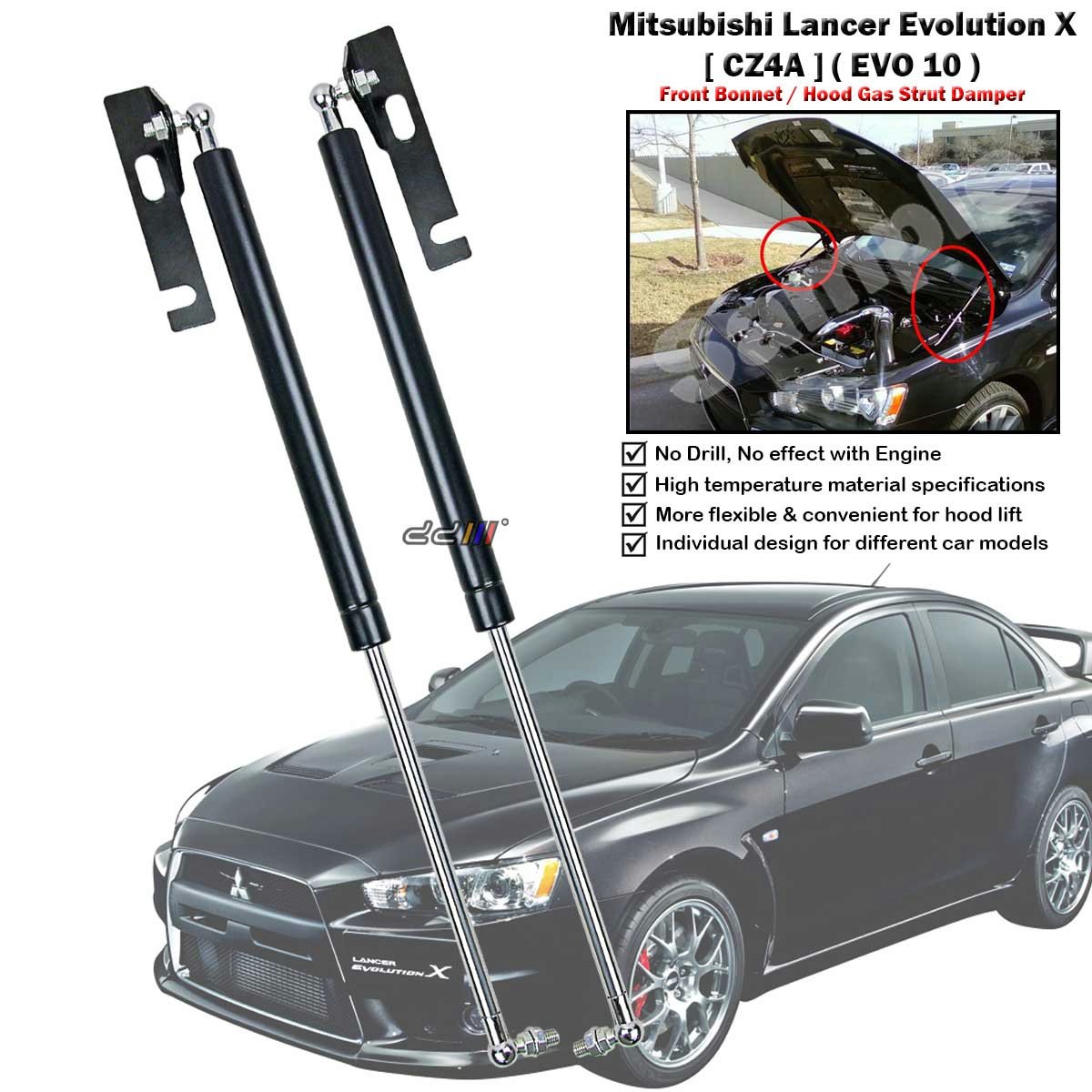 Front Bonnet Lift Gas Shock Strut Damper For Mitsubishi Lancer EVO 10 CZ4A 08-16