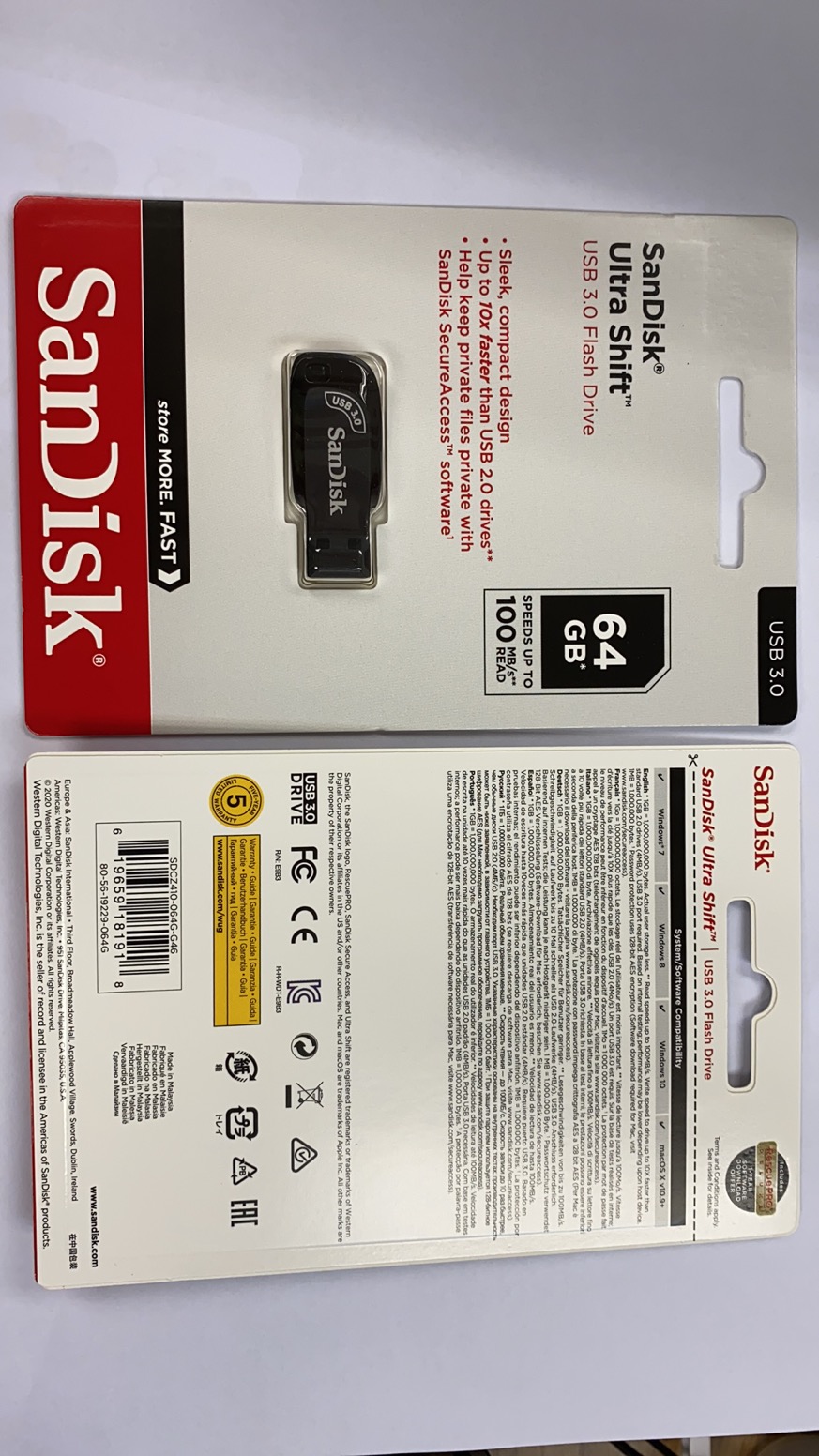 SanDisk 64GB Ultra Shift USB 3.0 Memory Flash Drive Read 100MB/s Black Color SDCZ410-064G-G46