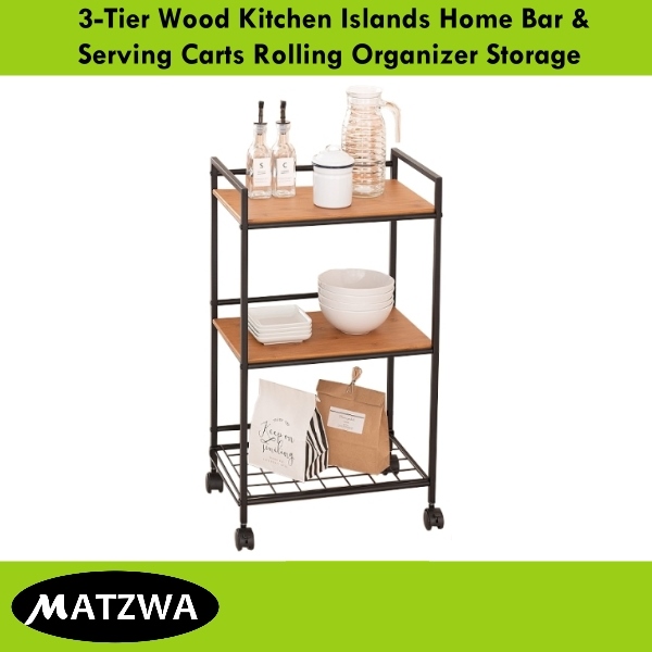 3-Tier Wood Kitchen Islands Home Bar & Serving Carts Rolling Organizer Storage