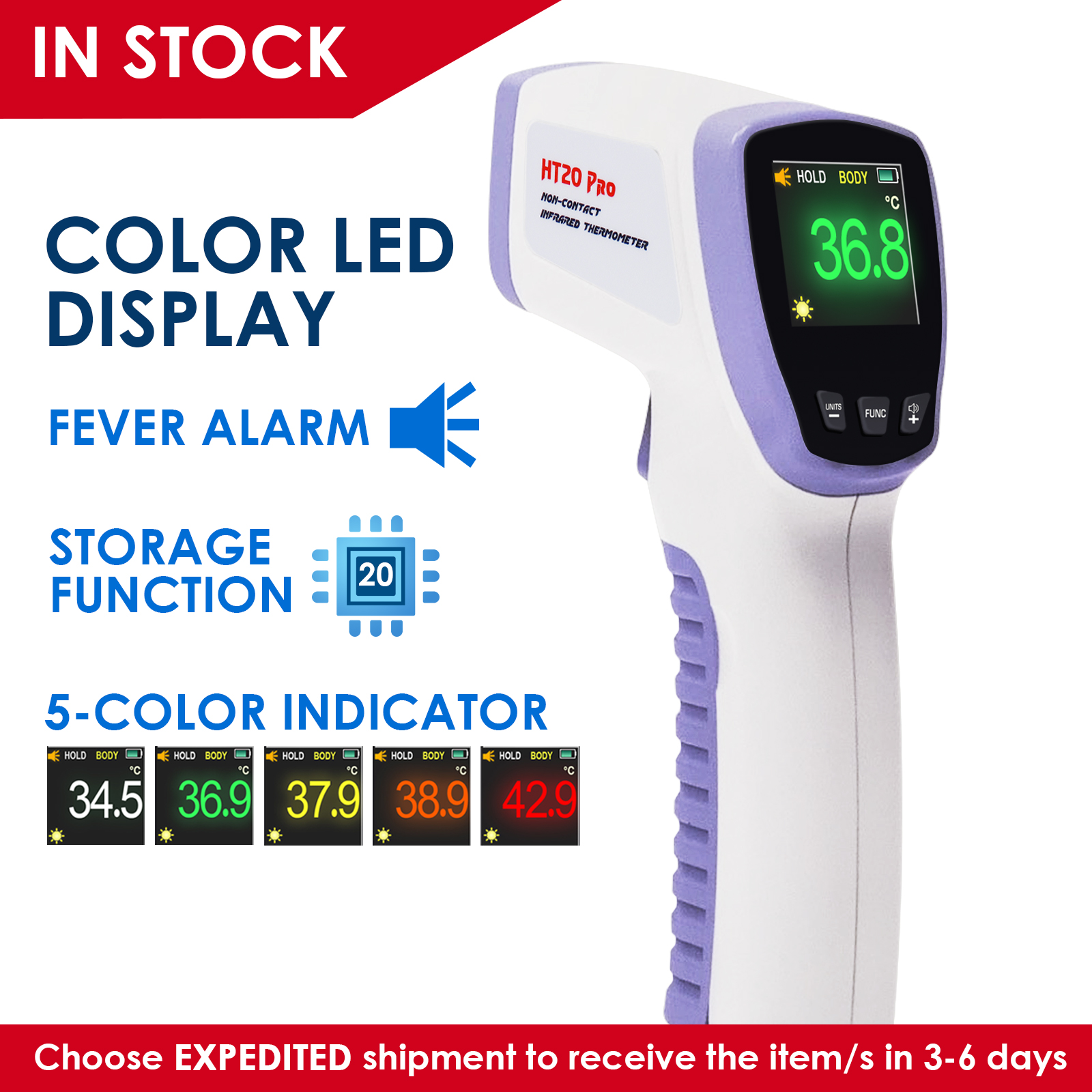 Infrared Forehead Non-Contact Body Thermometer Alert/Data Storage Color LED HT20