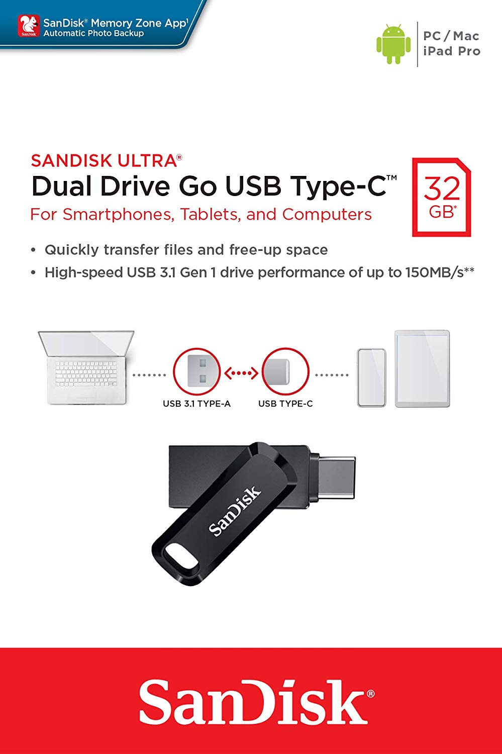 SanDisk Ultra Dual 32GB Flash Drive Go Type C USB Drive USB 3.1 Read 150MB/s SDDDC3-032G