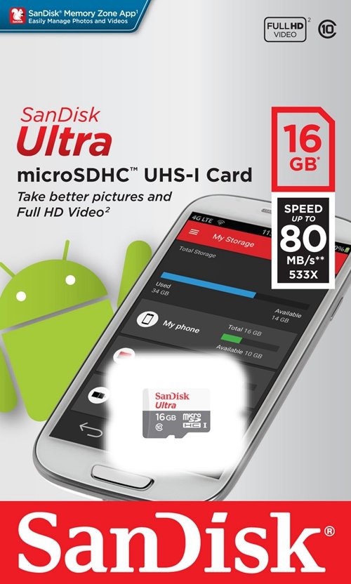 Sandisk Ultra 16GB MicroSDHC Ultra UHS-I Class 10 80MB/s SDSQUNS 016G