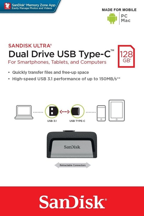 Sandisk Ultra 128GB Dual Drive USB 3.1 Type C USB 150MB/s SDDDC2 128G