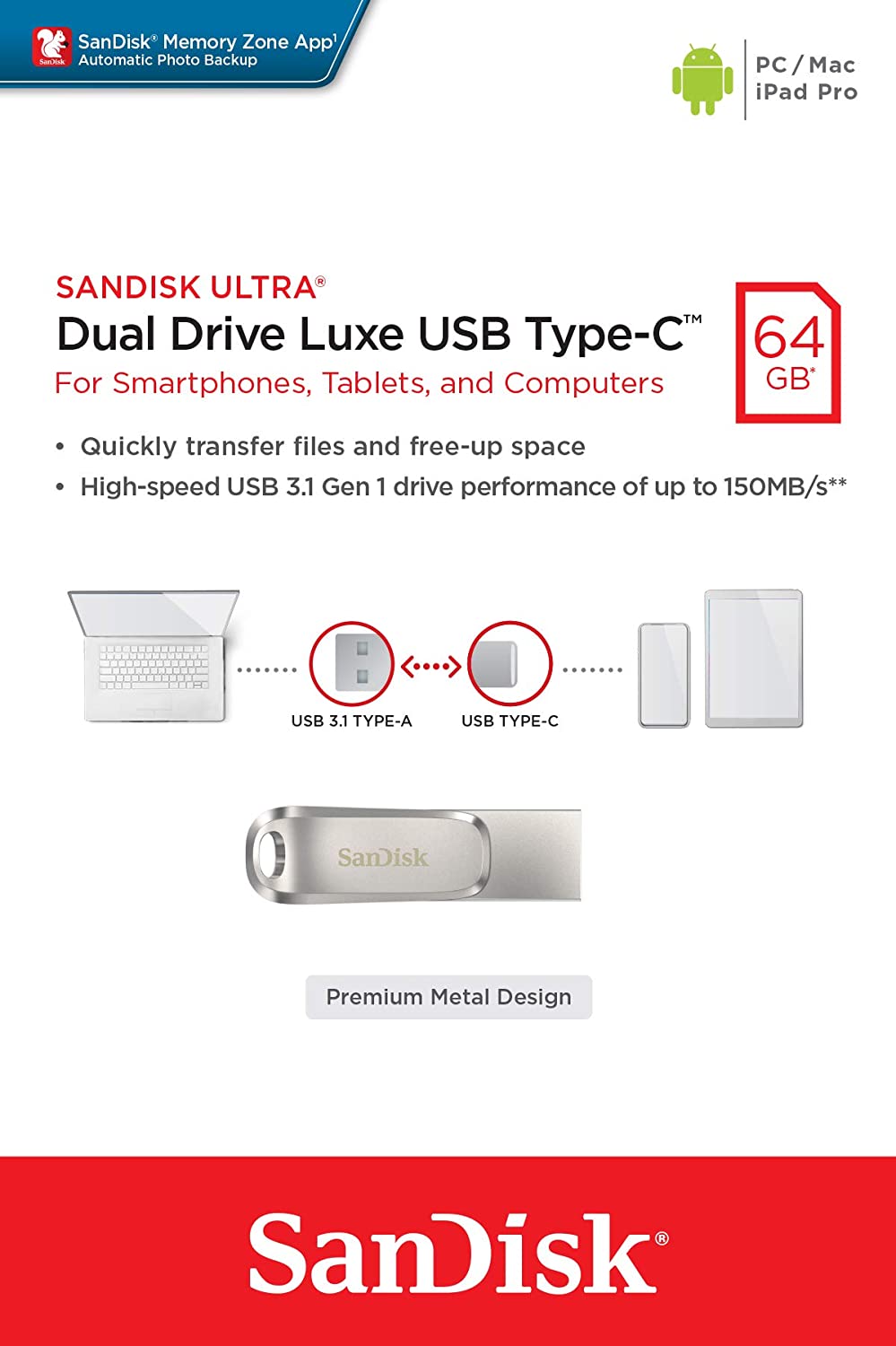 SanDisk Ultra Dual Drive Luxe USB 3.1 Type-C 64GB Flash Drive 150MB/s SDDDC4-064G