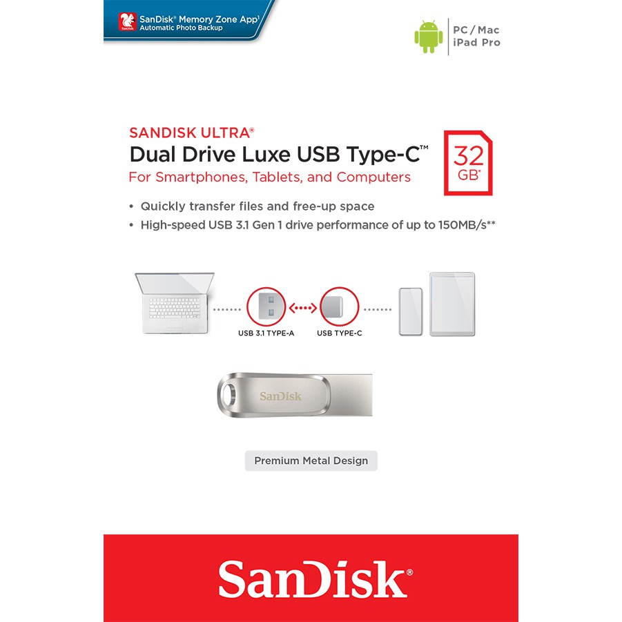 SanDisk Ultra Dual Drive Luxe USB 3.1 Type-C 32GB Flash Drive 150MB/s SDDDC4-032G
