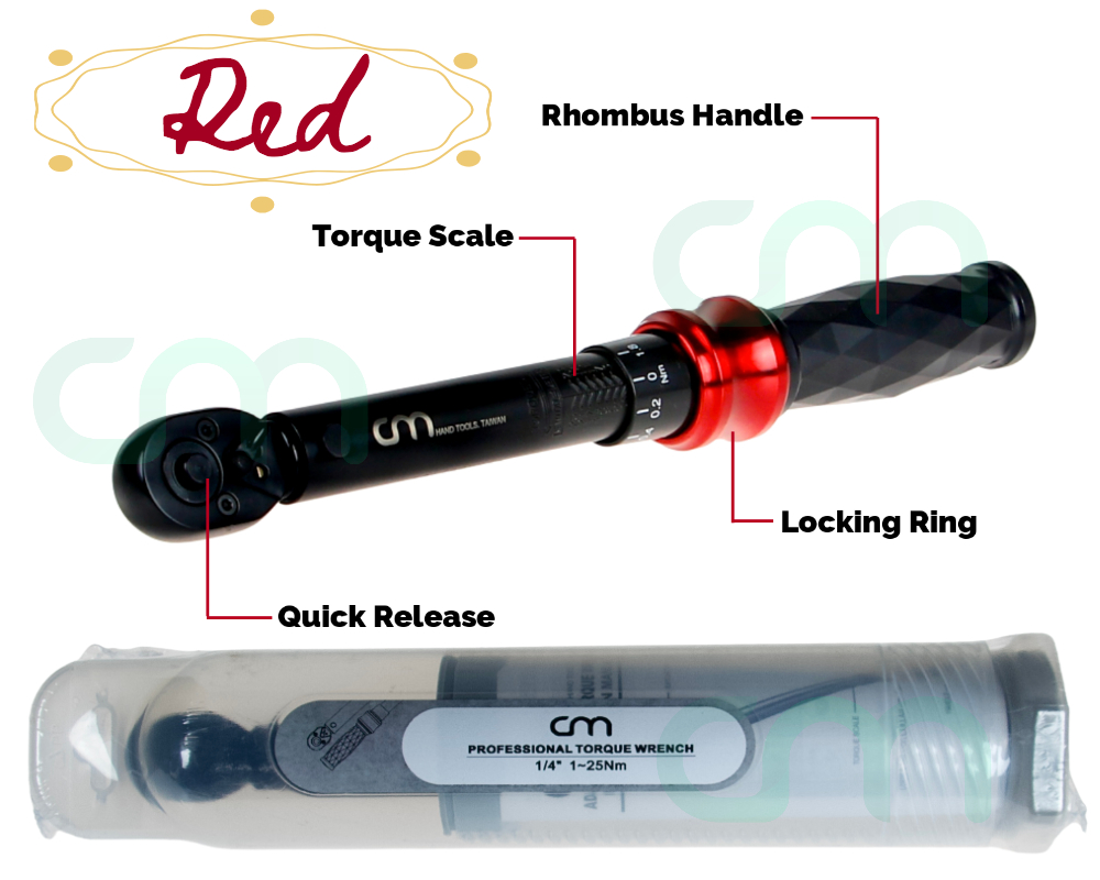 (1-25Nm) CM Adjustable Reversible Lock ring 1/4" Torque Wrench NIB Red