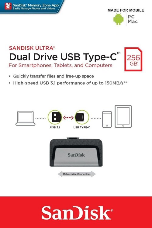 Sandisk Ultra 256GB Dual Drive USB 3.1 Type C USB 150MB/s SDDDC2 256G