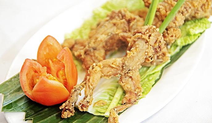 Pritong palaka (fried frog), one of the exotic dishes served in Balaw-balaw