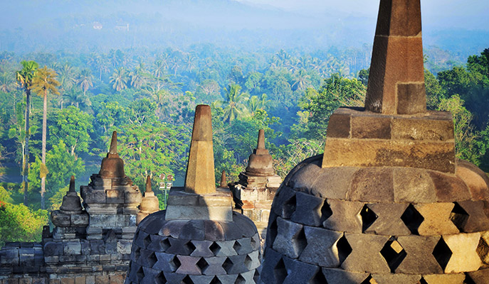 Daylight blesses the stupas of Borobudur Temple