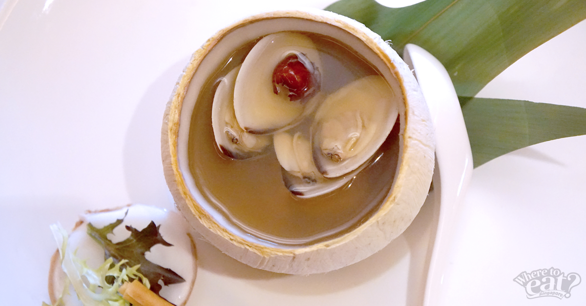 Double-boiled Chicken and Soup served in a Young Coconut and Crispy Breadstick