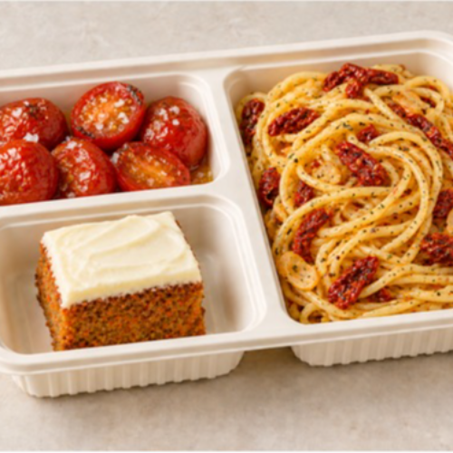 Aglio Olio Sundr. Tomatoes, Mashed Potato & Carrot Cake (V)