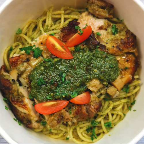 Roasted Coriander Pesto Chicken Salsa Rice Bowl