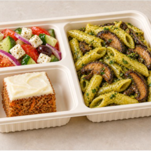 Portobello Pesto Pasta, Greek Salad & Carrot Cake (V)