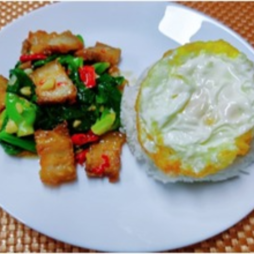 Stir Fried Baby Kai Lan with Crispy Pork Belly with Rice