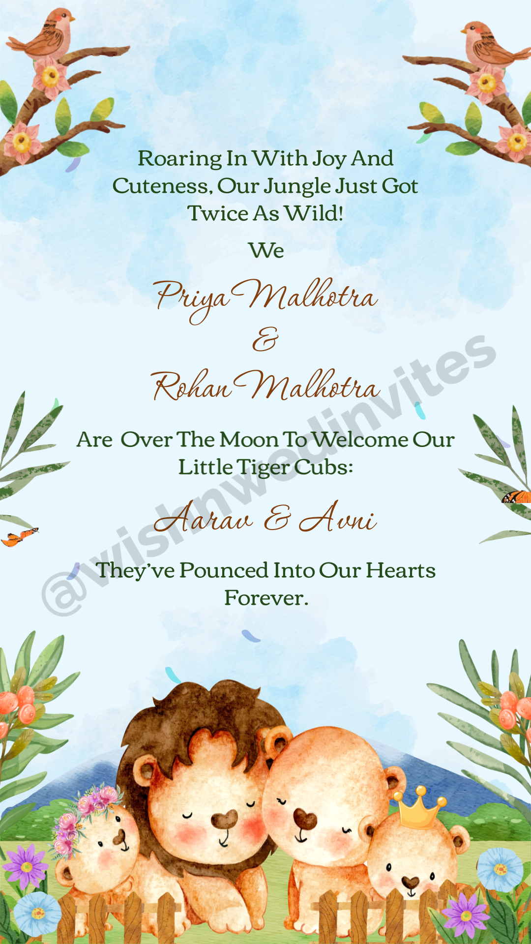 Lion Cubs Theme Twins Baby Announcement