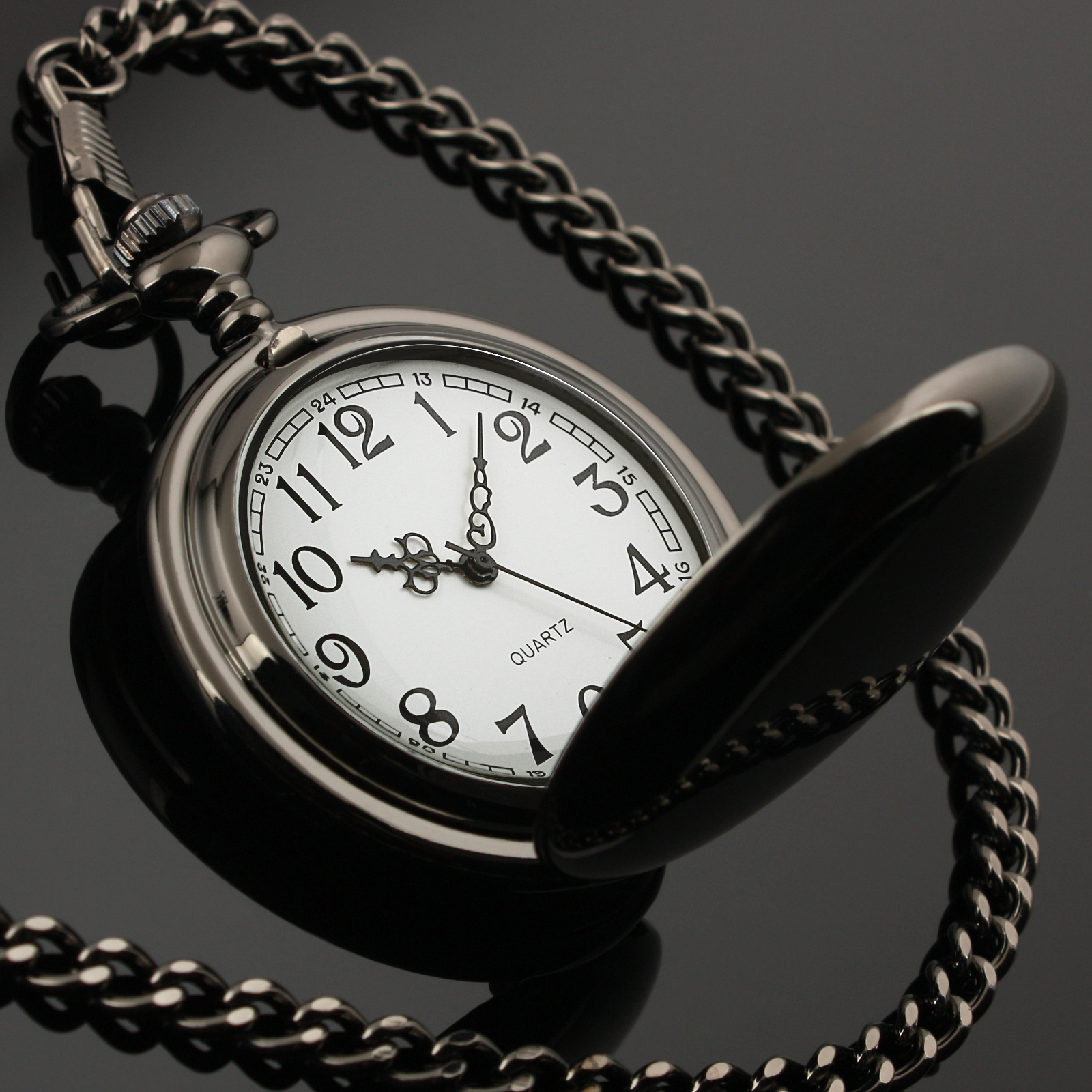 Pocket Watch Black Stainless Steel Case Retro Quartz Men's Antique