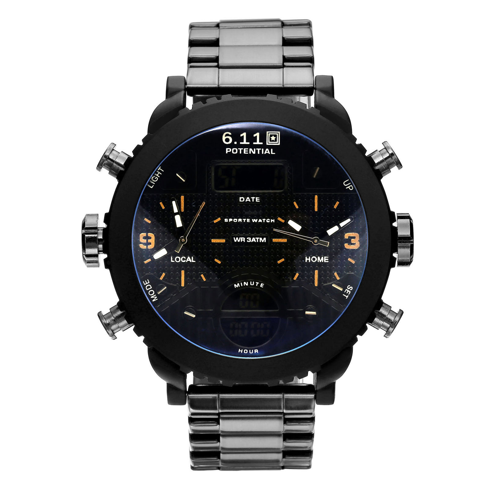 men's digital watch with stainless steel band