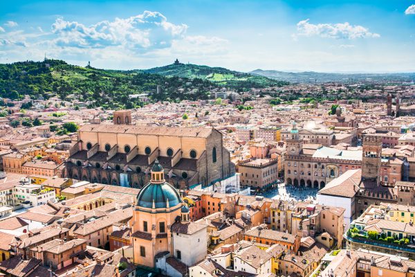 Bologna,Italy-May 17,2014:panorama of Bologna view from the famous "Asinelli" tower located in the centre of the city.You can see the dome of St. Petronio and the central main square.