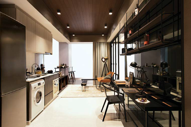 Showflat of a one-bedroom unit at Gem Residences. The fully fitted unit comes with Smeg appliances such as oven, refrigerator and washer-dryer.